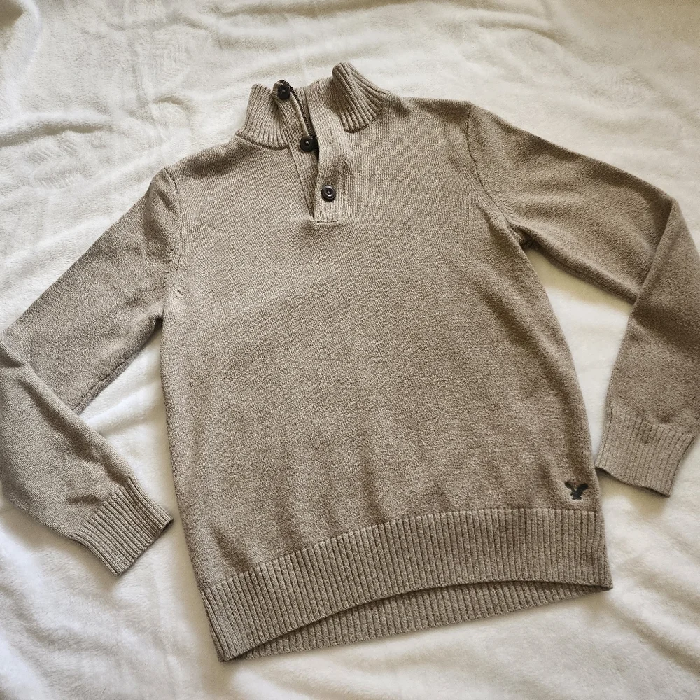 M AE  Men's Beige Sweater with Button/zip Collar